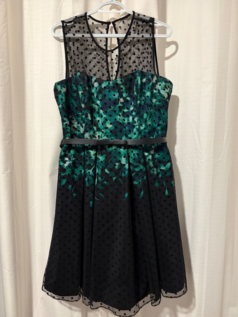 Leslie Fay Black and Green Polka Dot Prom Dress